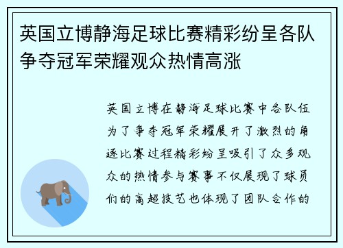 英国立博静海足球比赛精彩纷呈各队争夺冠军荣耀观众热情高涨