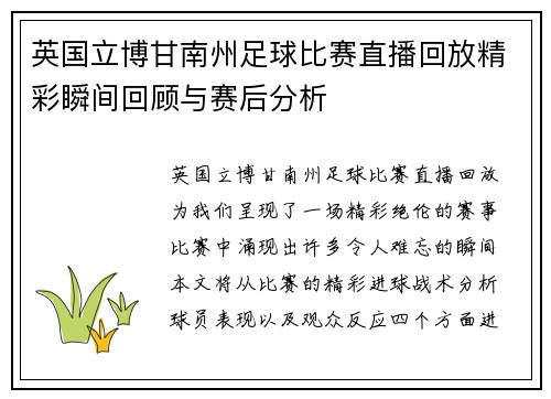 英国立博甘南州足球比赛直播回放精彩瞬间回顾与赛后分析