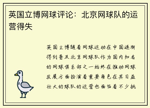 英国立博网球评论：北京网球队的运营得失