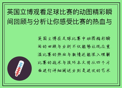 英国立博观看足球比赛的动图精彩瞬间回顾与分析让你感受比赛的热血与激情